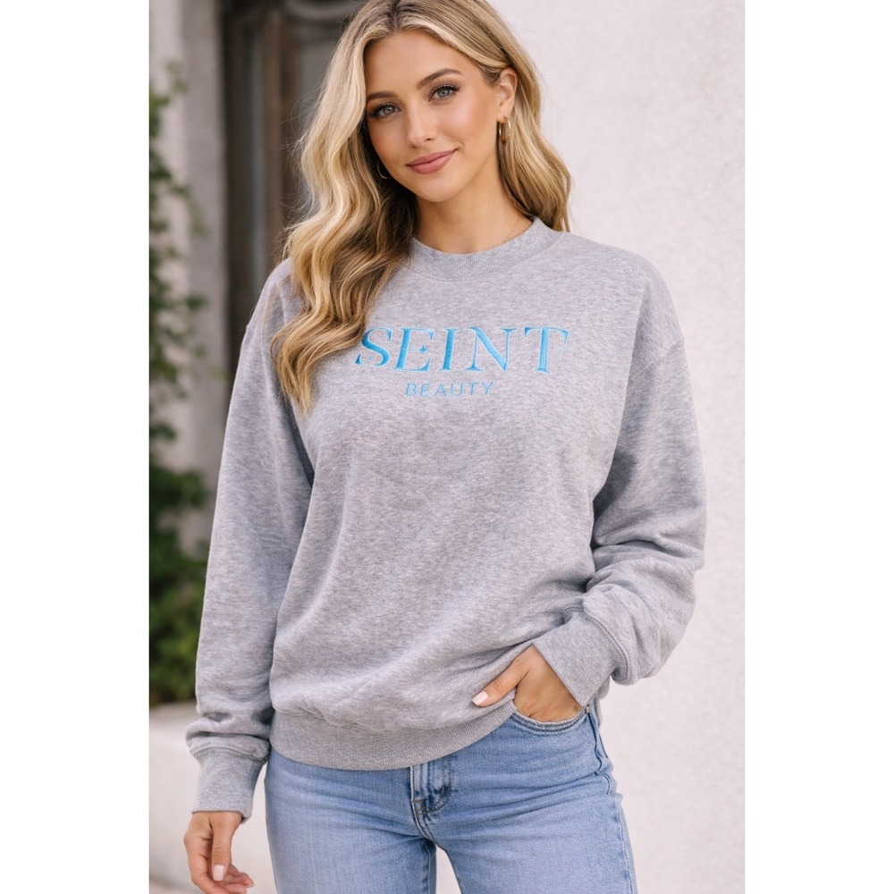 SEINT‎ BEAUTY Light Grey Embroidered Logo Mock Neck Sweatshirt Women's Size S